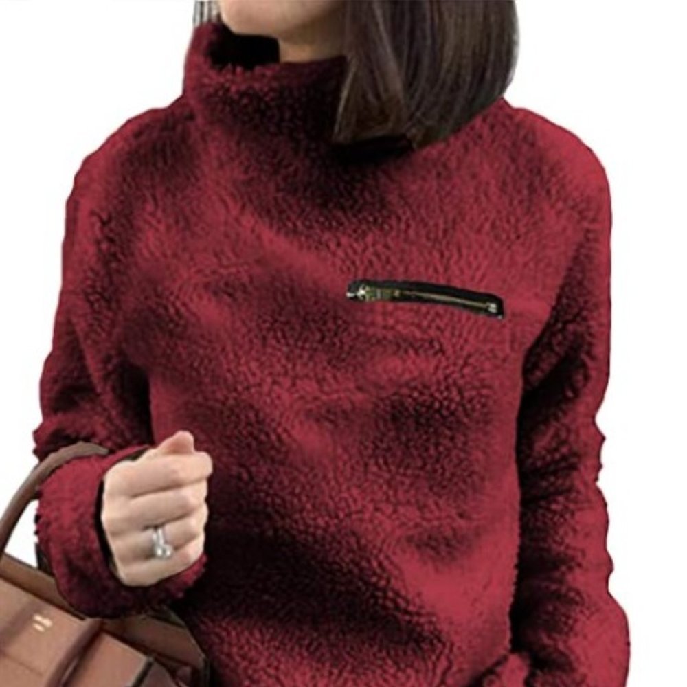 Women's Red Long Sleeve Pullover Fleece Sweater